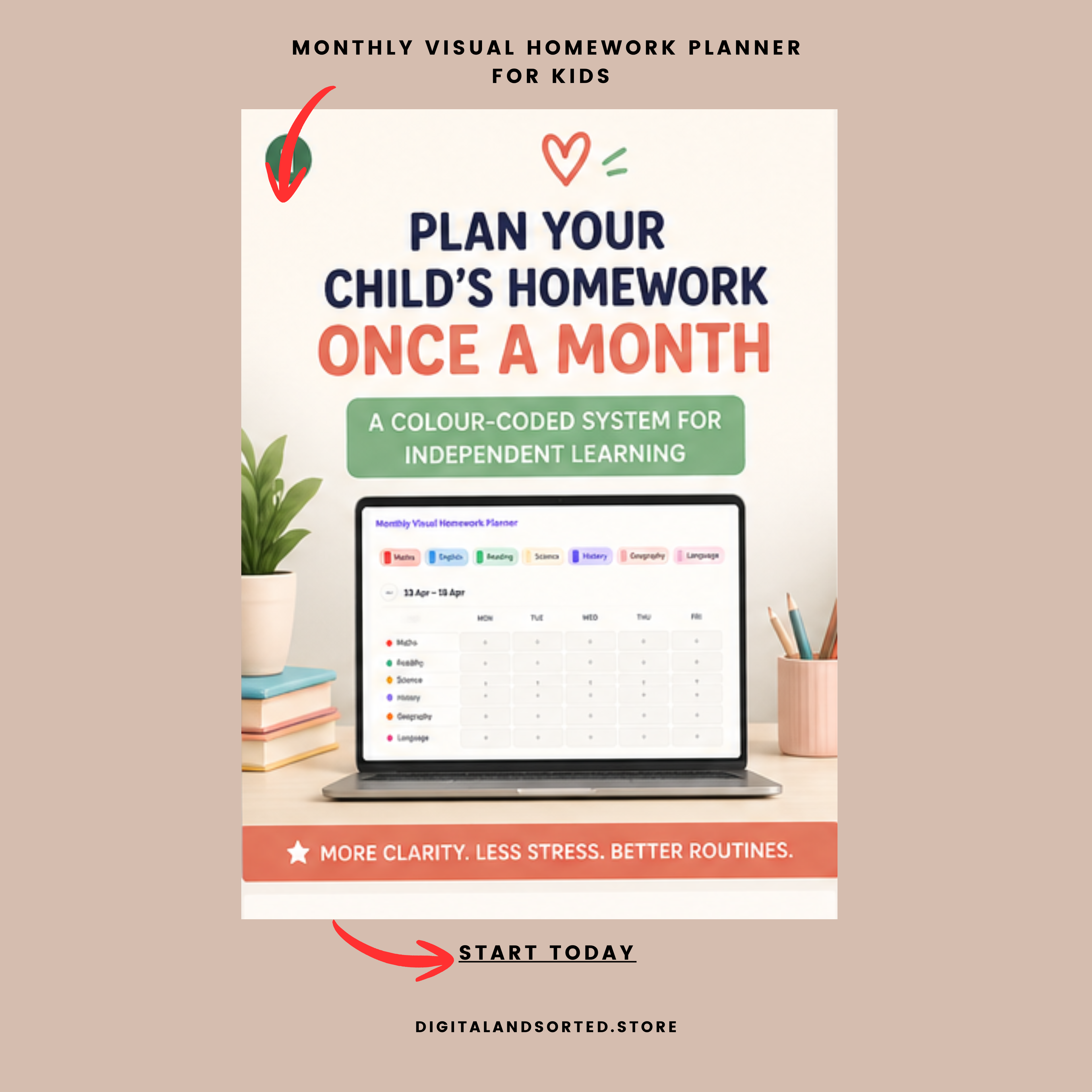 Monthly Visual Homework Planner for kids