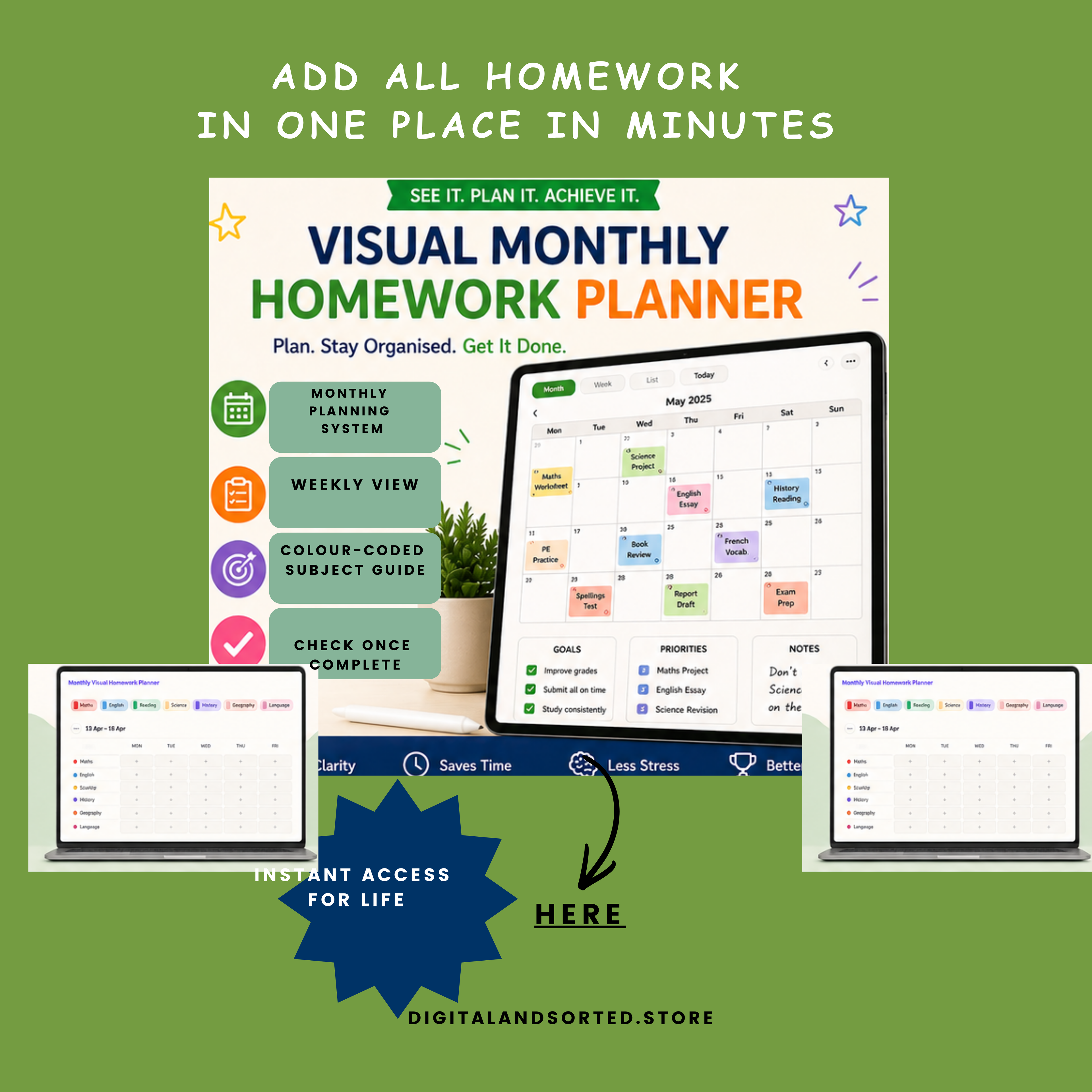 Monthly Visual Homework Planner for kids