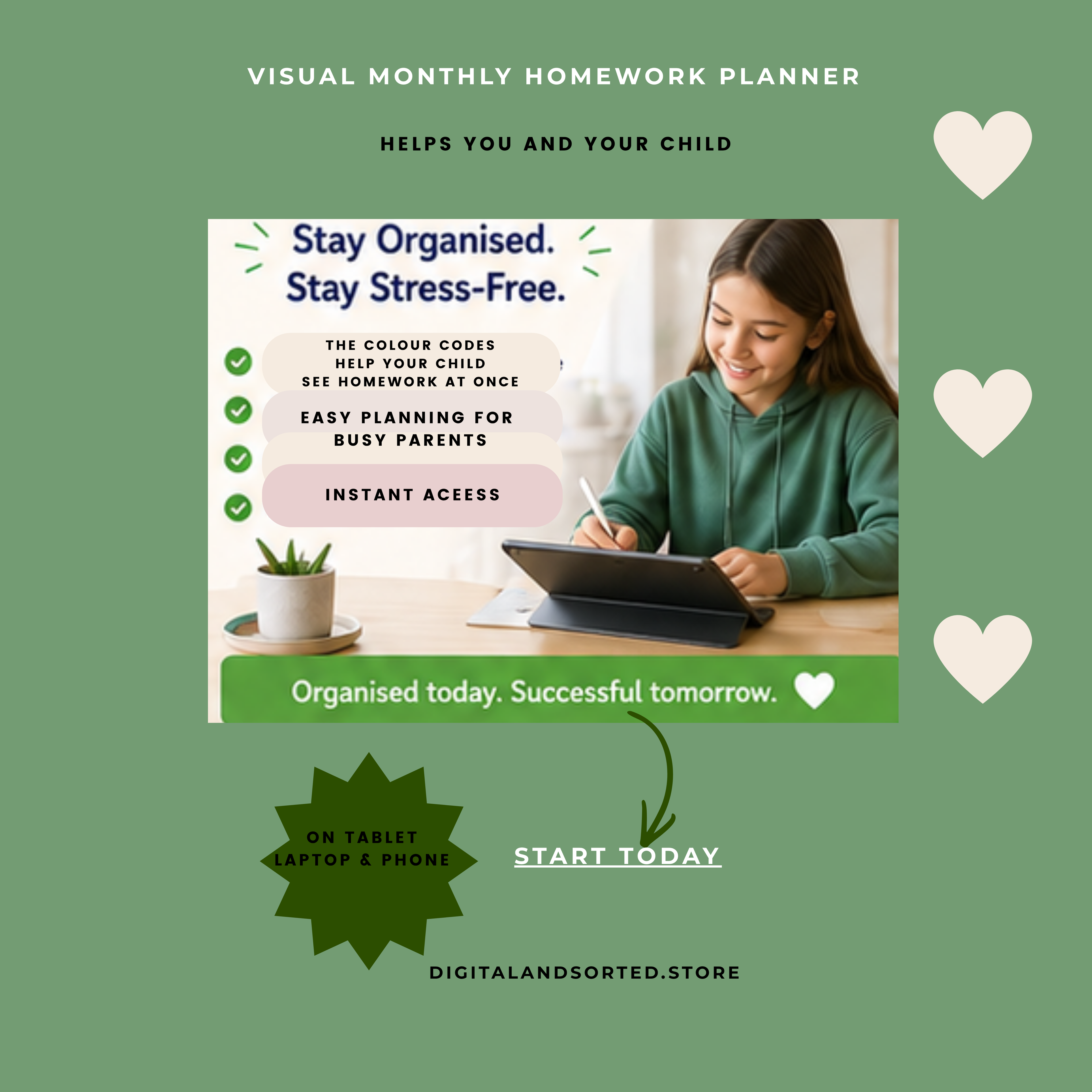 Monthly Visual Homework Planner for kids