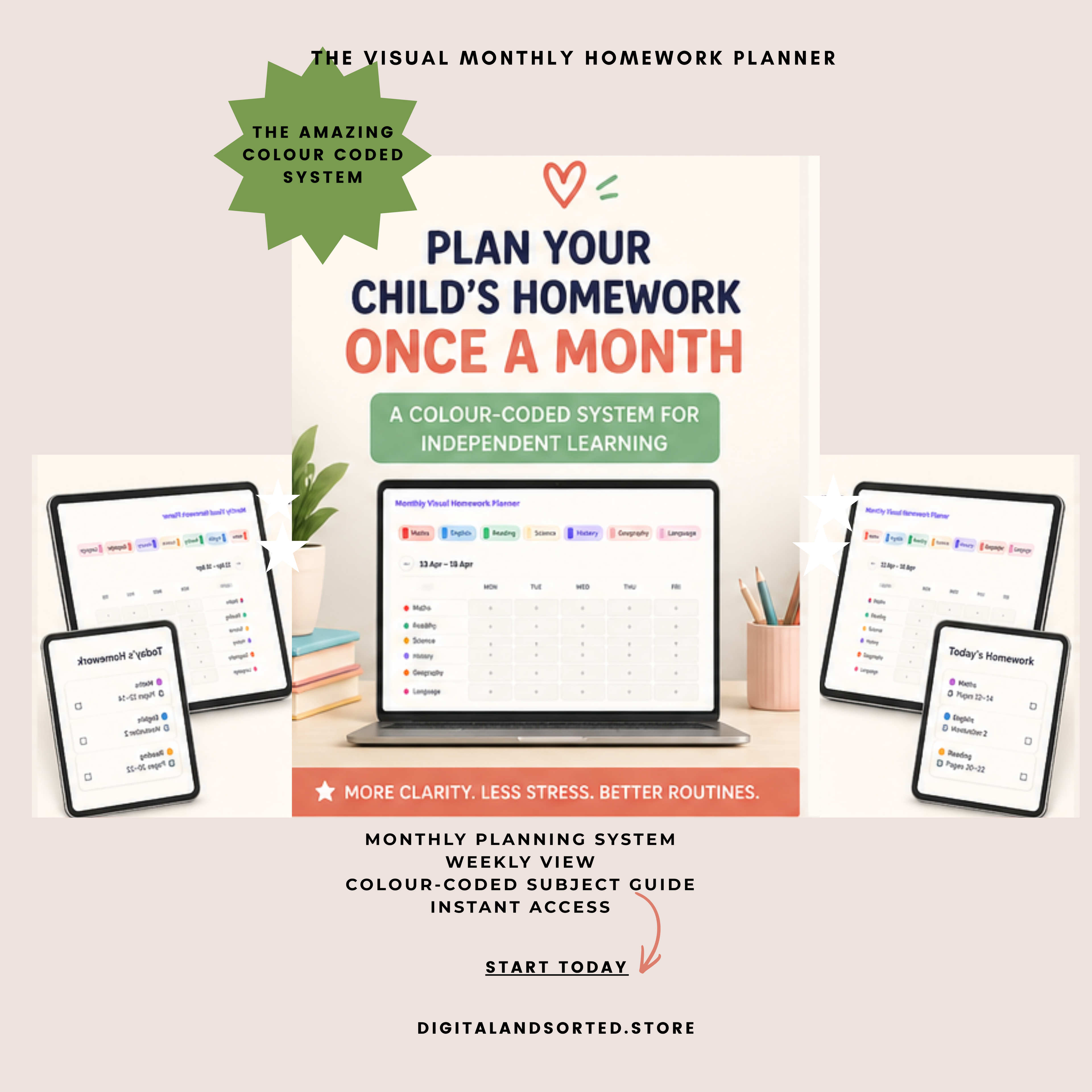 Monthly Visual Homework Planner for kids
