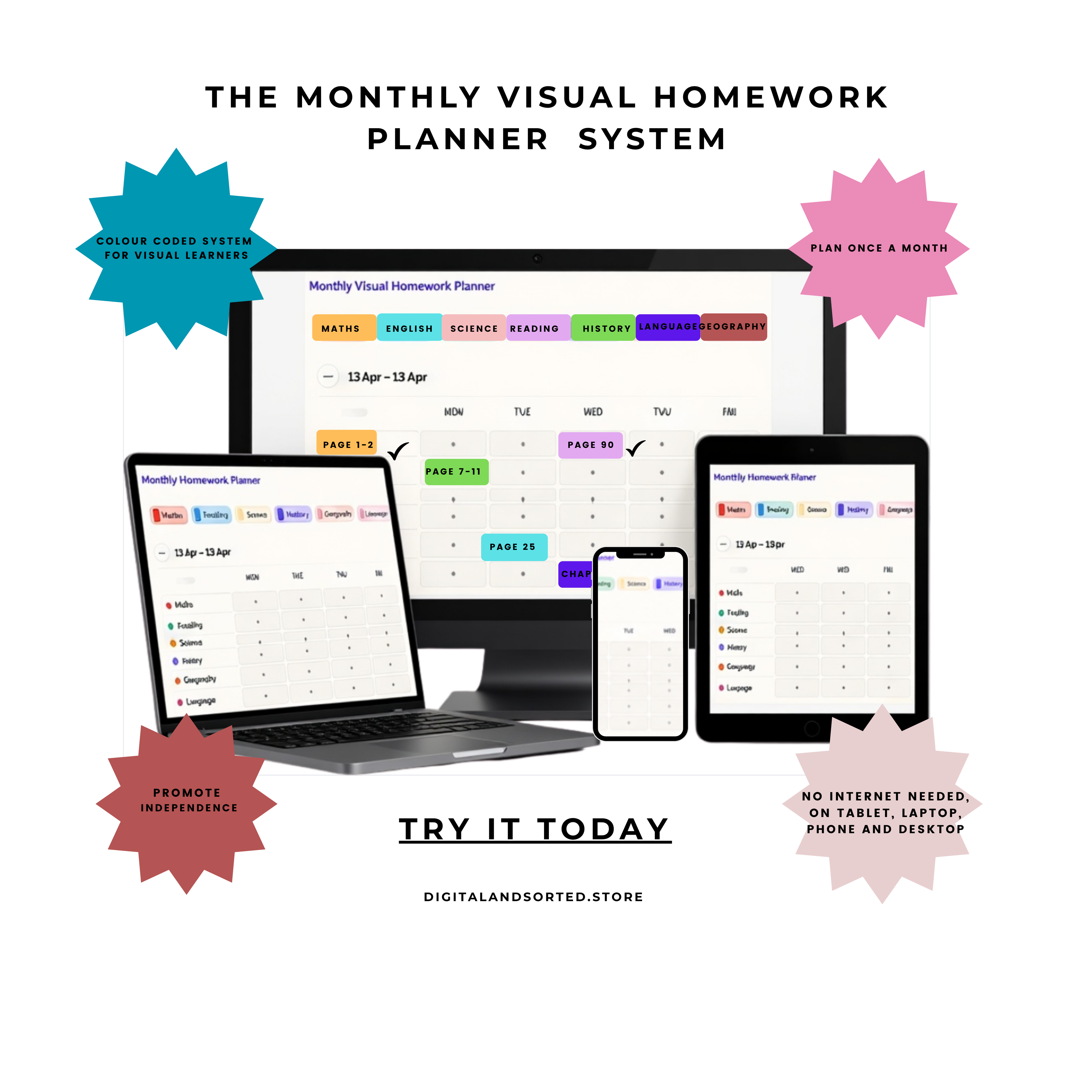 Monthly Visual Homework Planner for kids