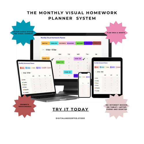 Monthly Visual Homework Planner for kids