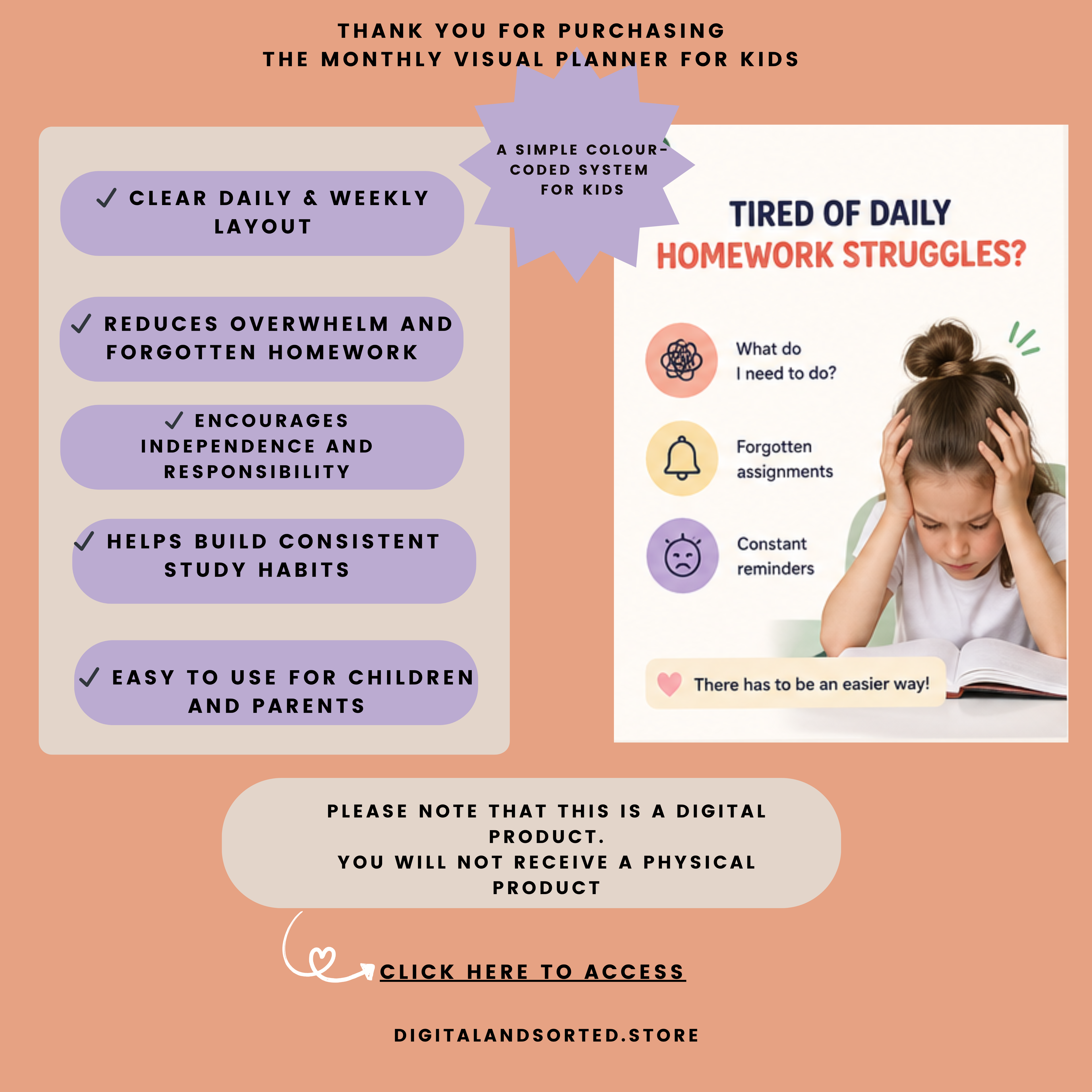 Monthly Visual Homework Planner for kids