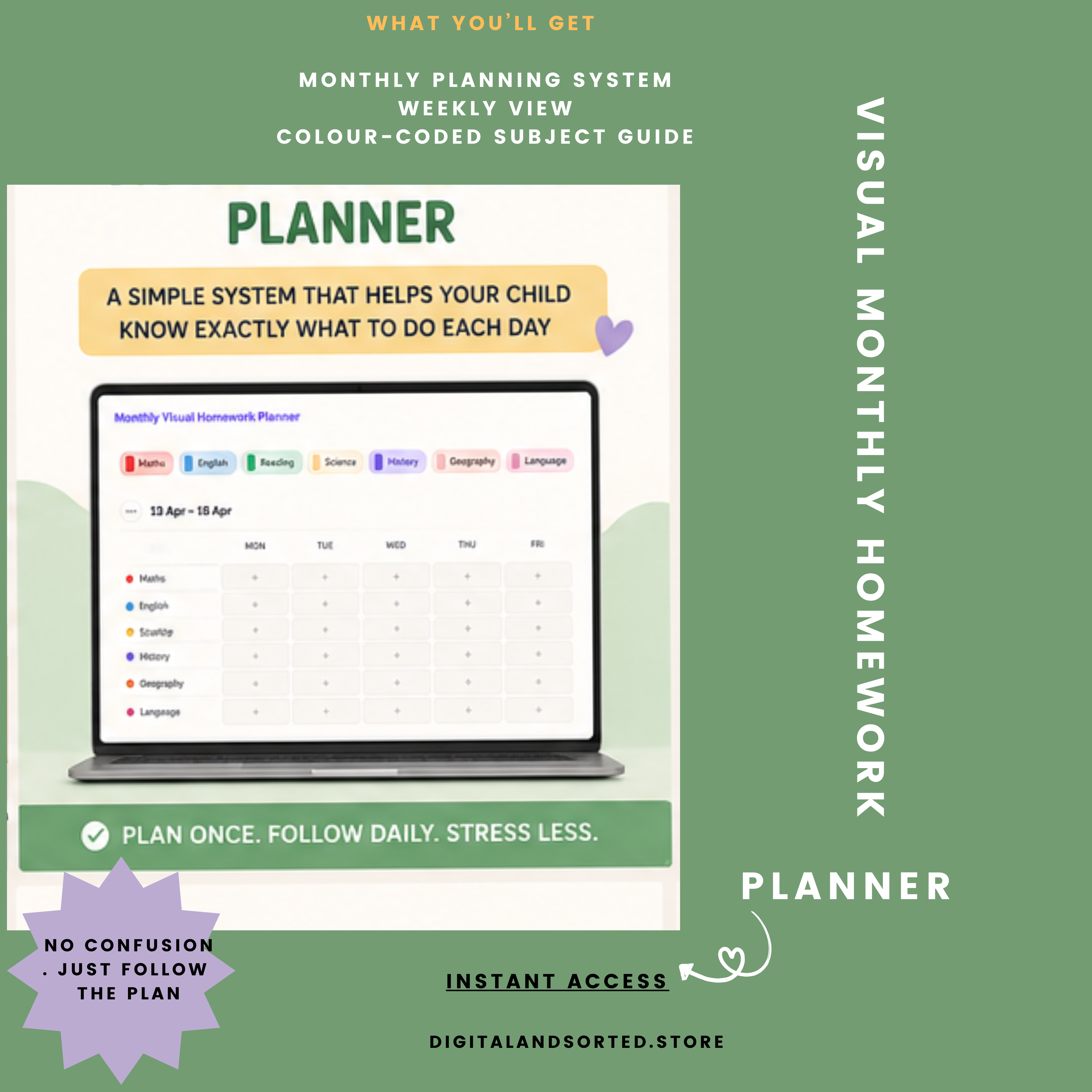 Monthly Visual Homework Planner for kids
