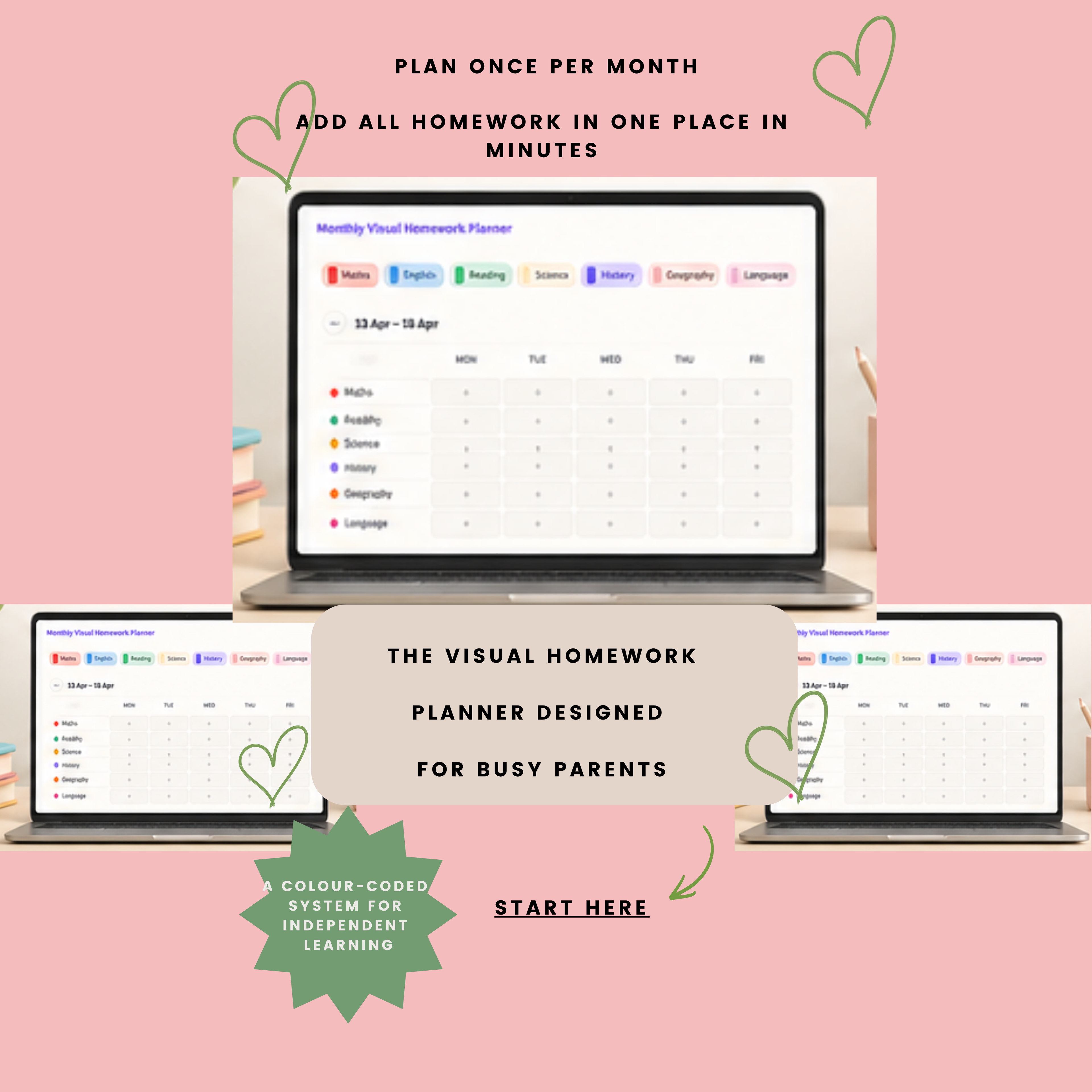 Monthly Visual Homework Planner for kids