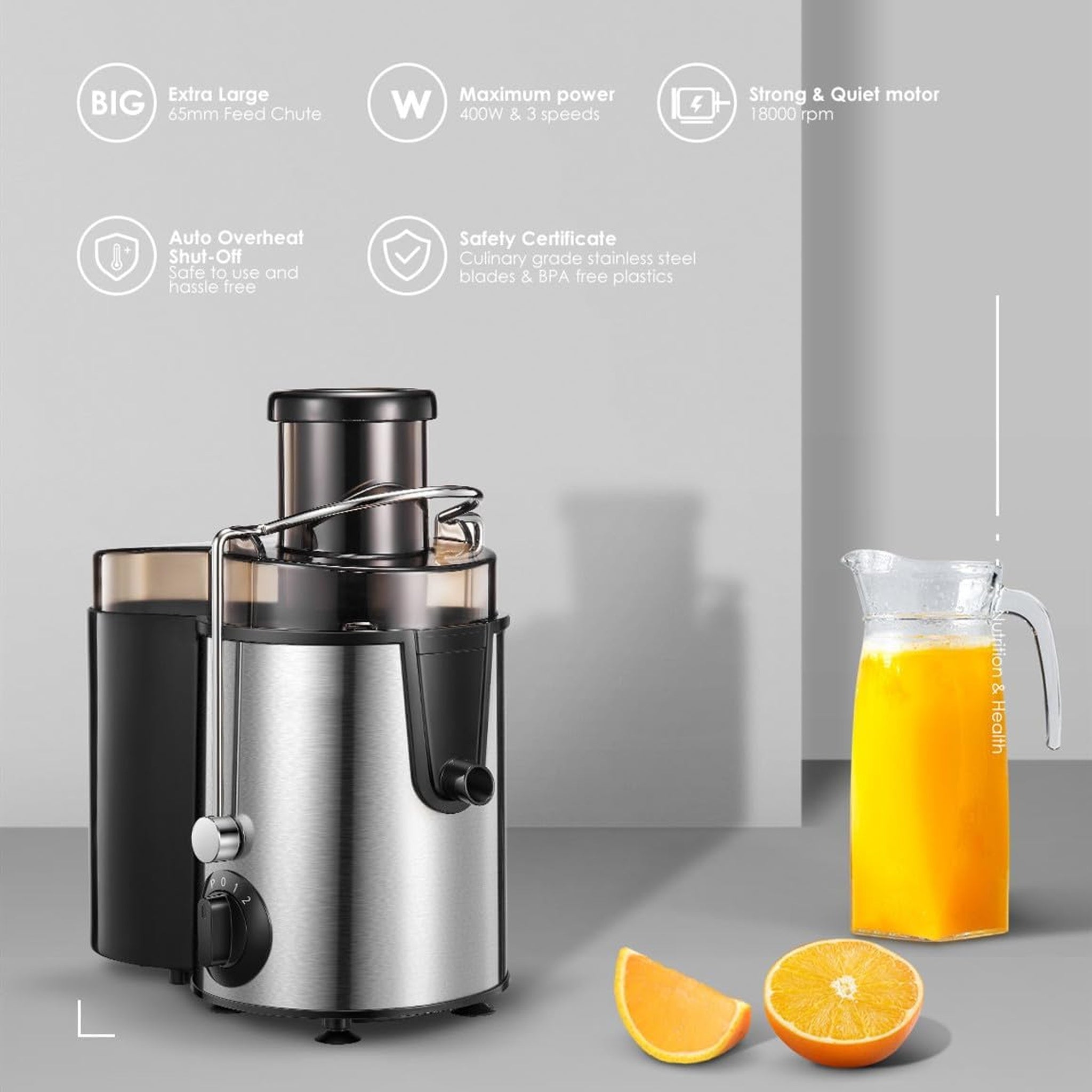 FOHERE 800W Juicer Machine – Whole Fruit & Vegetable Juicer with 3-Speed Settings